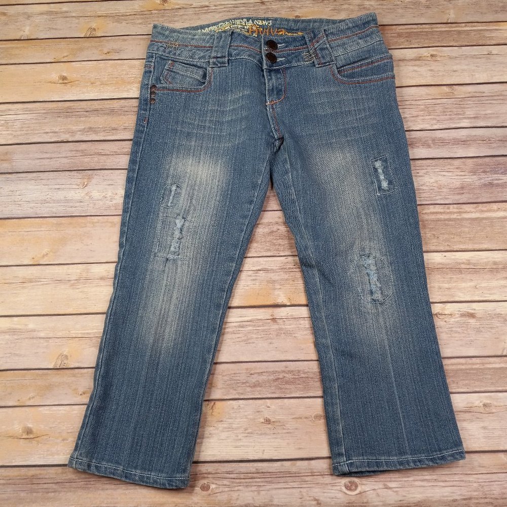 Aviva Cropped Jeans Stretch Capris Size 9 Distressed Denim